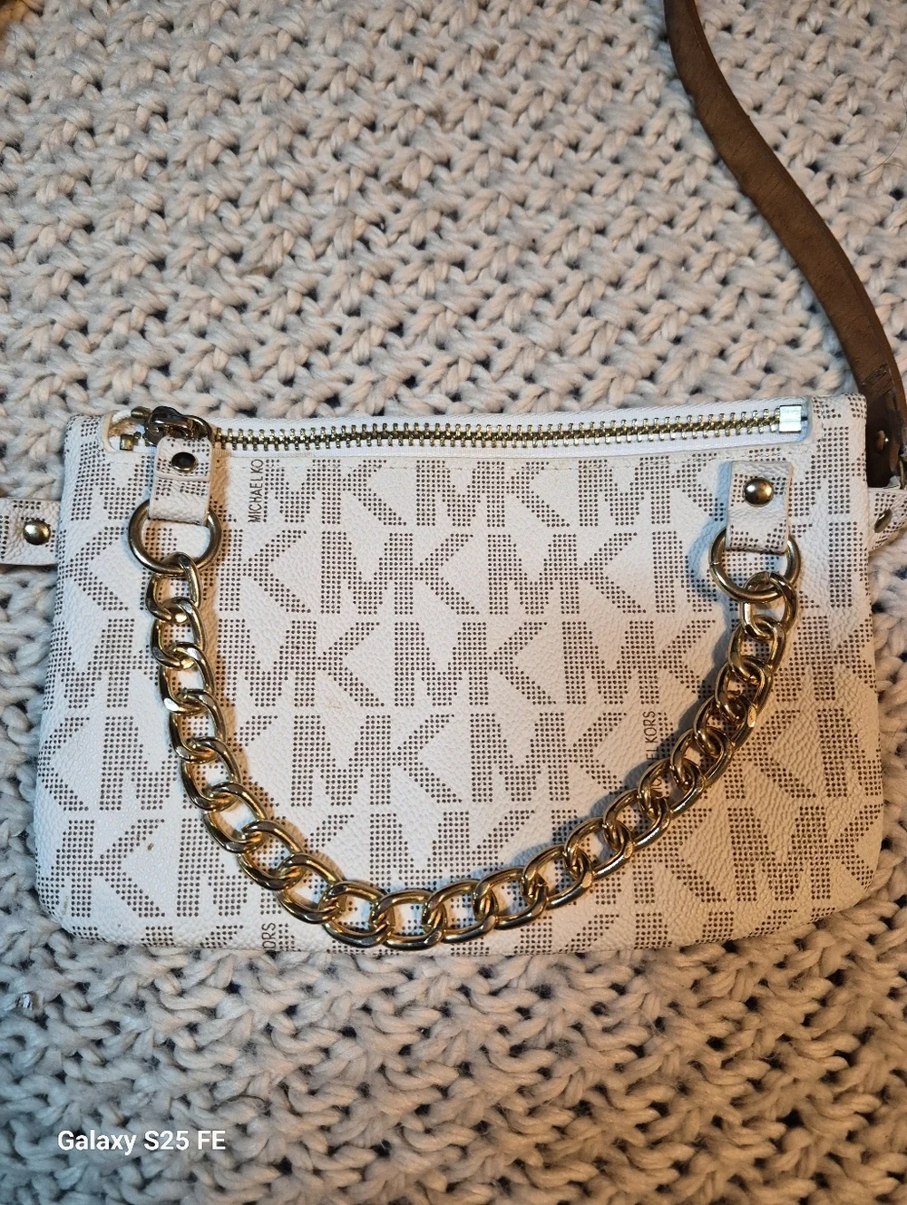 Michael Kors Signature Logo Pull Chain Belt Bag with Gold Hardware, 7.5×5, EUC
